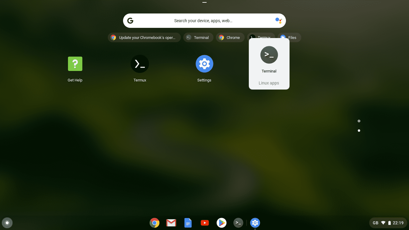 Chrome OS Launcher Linux Apps Screen