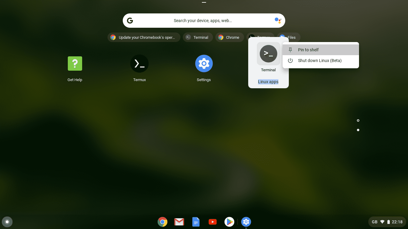 Chrome OS Launcher Linux Apps Pin to Shelf Screen