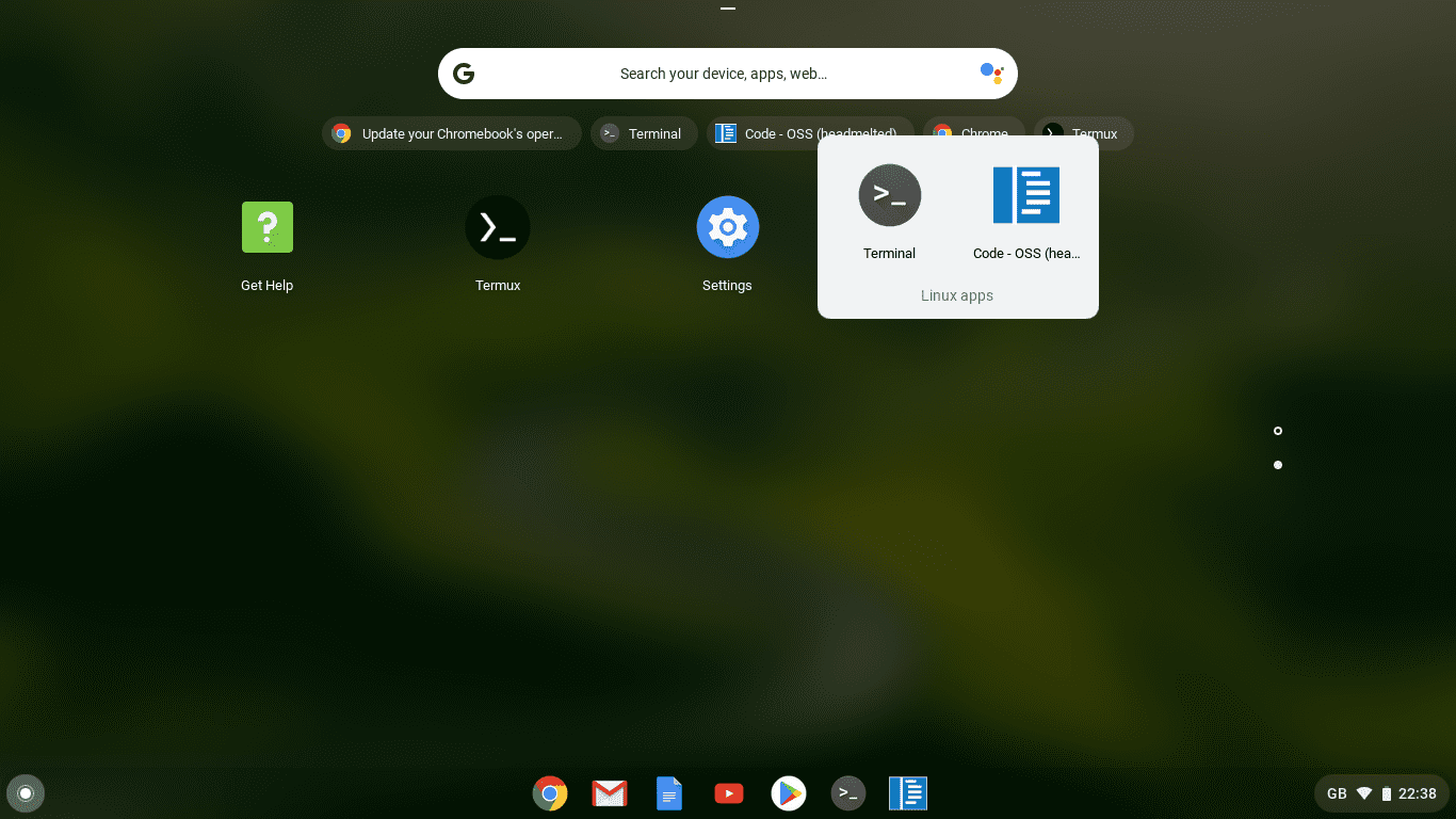Chrome OS Launcher Linux Apps With VS Code Pinned to Shelf Screen