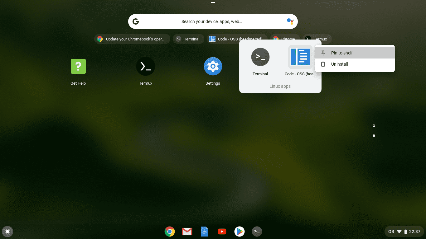Chrome OS Launcher Linux Apps Pin VS Code to Shelf Screen