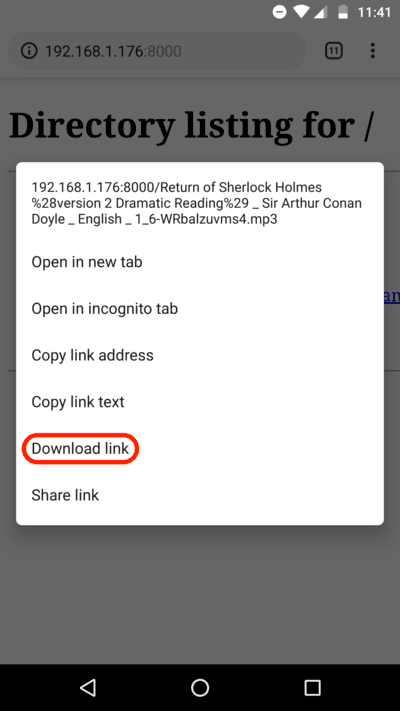 Web-Serve-This-Directory — Android Browser Link Menu Screenshot