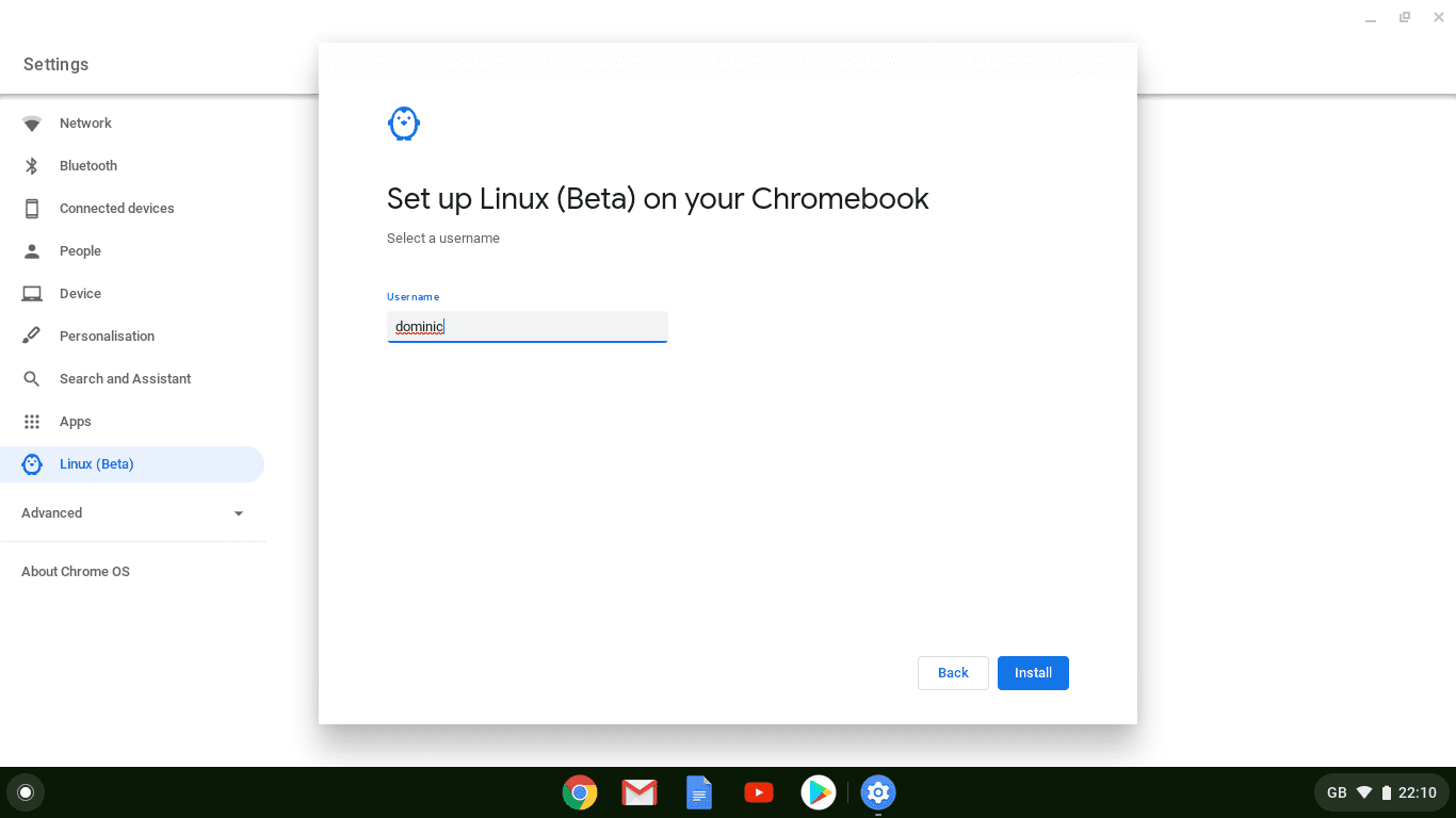 Enabling Linux Beta Select Username Screen